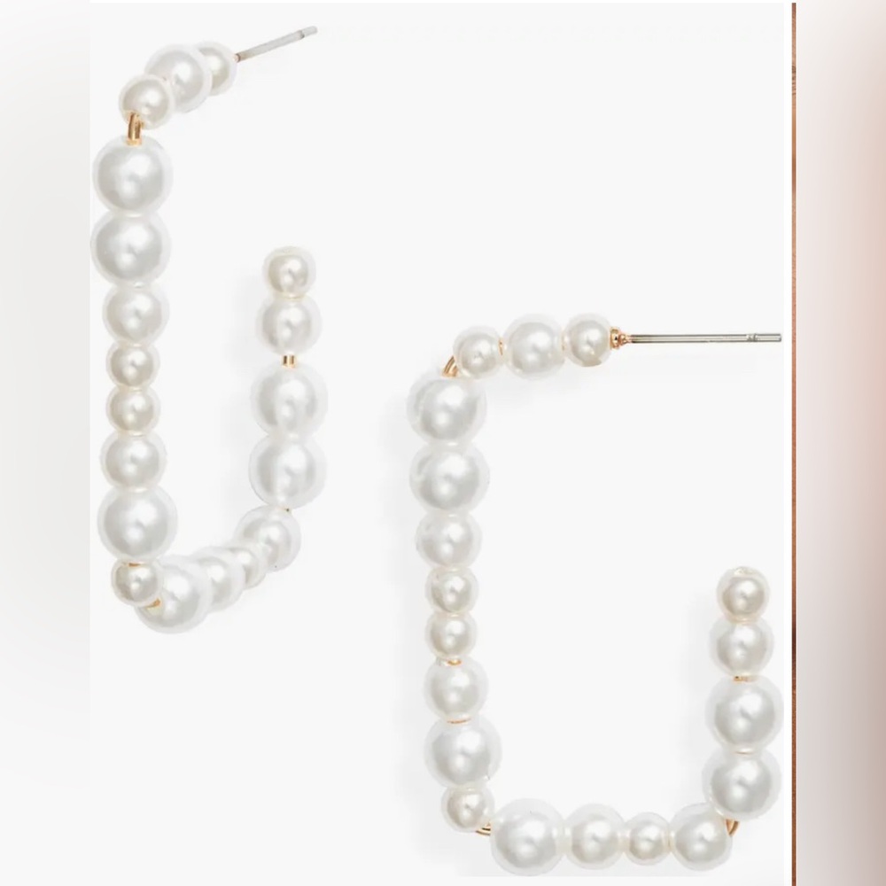 🔴NWT Open Edit Pearl Rectangle Hoop Earrings Elegant Pearl Hoop Earrings